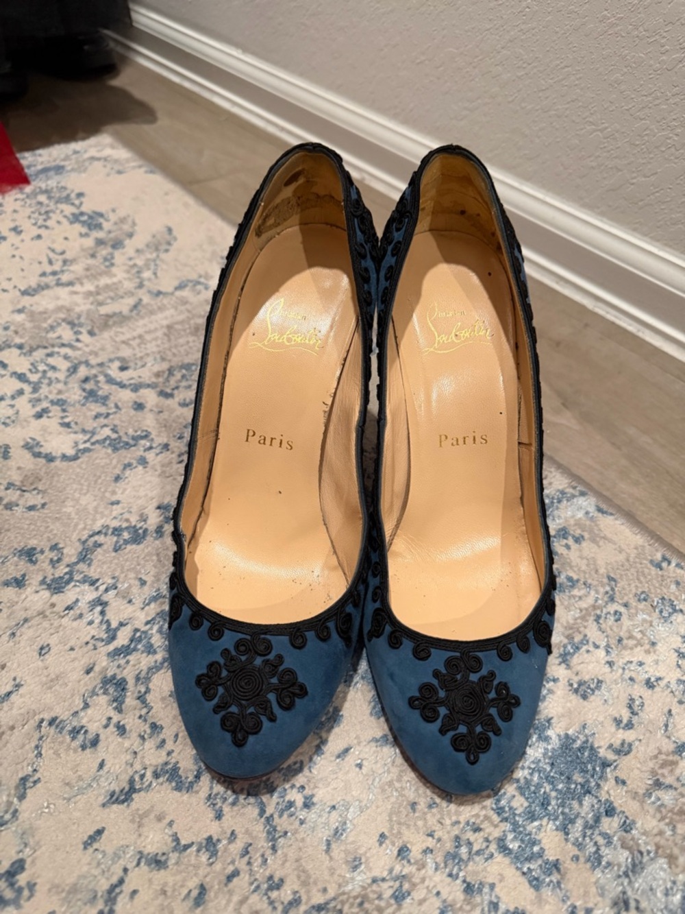 Christian Louboutin Blue Suede Pumps with Black Embroidered Detail
